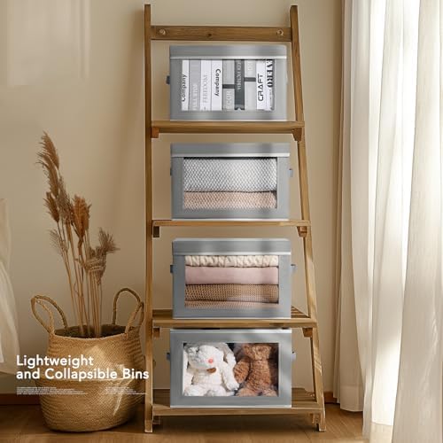 Homsorout Decorative Bins with Lids - Stackable Cube Bins for Closet, 3 Pack Clear Windows Fabric Organizer Bins, Home Organizers and Storage for Clothes, CD, Towels, Grey - Image 4