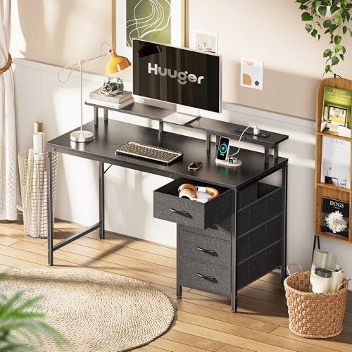 Huuger 47 Inch Computer Desk with Power Outlets and LED Lights, Gaming Desk with 4 Drawers, Office Desk with Monitor Stand, Study Work Home Office, Small Spaces, Black - Image 7