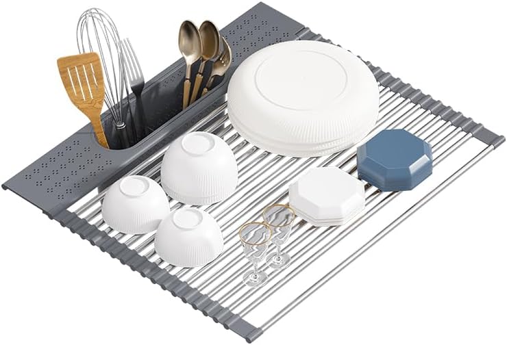 Roll Up Dish Drying Rack Over Sink, 20" X 15.2" Foldable SUS304 Stainless Steel Kitchen Dish Drainer, Heat-Resistant Multipurpose Rolling Sink Rack Organizer, Grey by KEGFRES