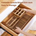 NOVAYEAH Acacia Wooden Dish Drying Rack for Kitchen Counter 2-Tier Collapsible Bmaboo Dish Drying Rack with Utensil Holder-Large Folding Dish Drainer Rack with Flatware Holder 34 pcs Grid - Image 7