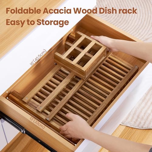 NOVAYEAH Acacia Wooden Dish Drying Rack for Kitchen Counter 2-Tier Collapsible Bmaboo Dish Drying Rack with Utensil Holder-Large Folding Dish Drainer Rack with Flatware Holder 34 pcs Grid - Image 7