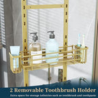 Consumest Over The Door Shower Caddy - 5 Tier Adjustable Shower Organizer Hanging with 2 Toothbrush Holders & 4 Hooks, Rustproof Organizer Shelf, Storage Rack for Bathroom, Gold - Image 3