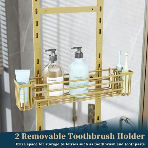 Consumest Over The Door Shower Caddy - 5 Tier Adjustable Shower Organizer Hanging with 2 Toothbrush Holders & 4 Hooks, Rustproof Organizer Shelf, Storage Rack for Bathroom, Gold - Image 3