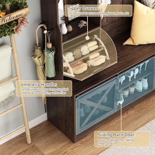 75''H 59''W Large LED Farmhouse Hall Tree with Bench and Shoe Storage,Entryway Bench with Coat Rack,16 Shoe Cubbies & Umbrella Holder and Sock Storage Drawer,Mudroom/Hallway Storages Cabinet(Brown) - Image 3