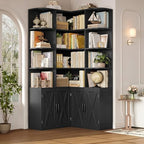 FINETONES 74" Tall Corner Bookshelf, Black Bookshelf with Doors - Image 3