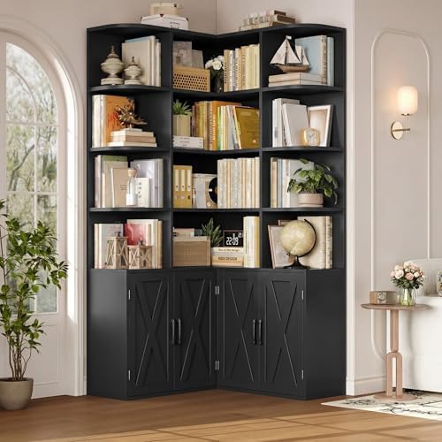 FINETONES 74" Tall Corner Bookshelf, Black Bookshelf with Doors - Image 3