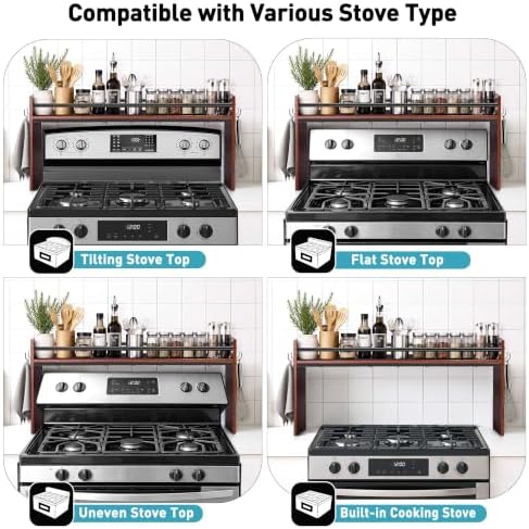 Spice Rack Shelf for Kitchen Stove, Over The Stove Shelf with 4 Hooks, Premium Wood & Metal Commbined Spice Rack Organizer Extra Storage Countertop (Walnut) - Image 5