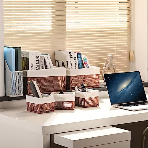 Vagusicc Wicker Storage Basket, Hand-Woven Paper Rope Woven Baskets, Rectangular Small Wicker Baskets for Organizing, Cube Storage Bins for Closet/Clothes/Dresser, Brown, 5-Pack - Image 6