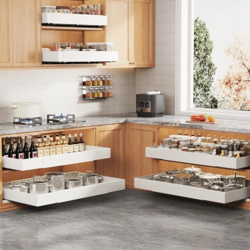 Seinloes 4 Pack Pull Out Cabinet Organizer for Wide Cabinets,Expandable 20.4"-30.4" Width,5 Slide Rails Slide Out Drawers With Raising Pad for Framed Cabinets,No Drill Roll Out Shelves 21" Deep,White - Image 7