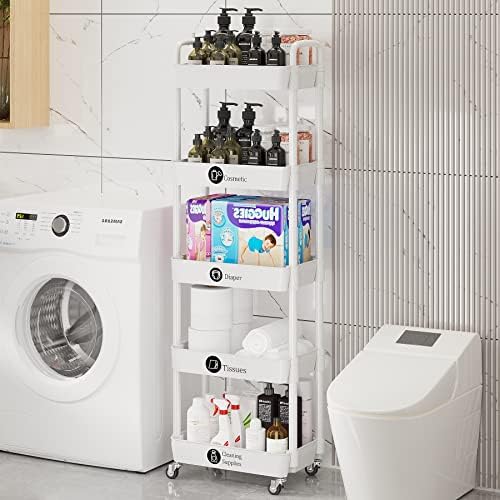 5 Tier Rolling Cart with Wheels, Utility Storage Carts,White - Image 3