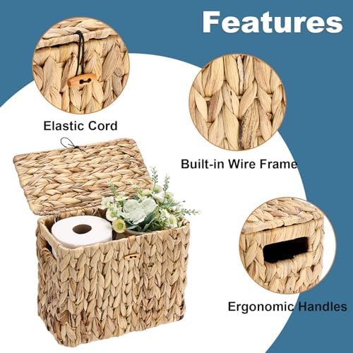 Sumnacon Toilet Paper Basket, Wicker Water Hyacinth Toilet Paper Holder with Handles and Lid, Holds Up to 4 Mega Rolls, Decorative Farmhouse Woven Bathroom Accessories Toilet Tissues Organizer, Small - Image 5