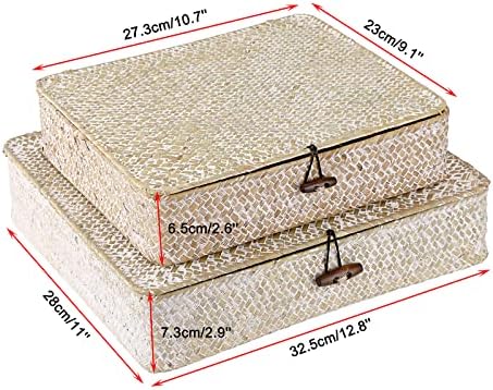 Hipiwe Set of 2 Flat Woven Wicker Basket Bins with Lid Natural Seagrass Box - Image 6