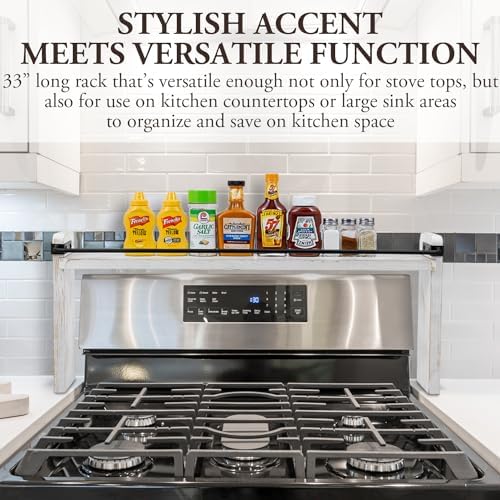 MyGift 33-Inch Stove Top Spice Shelf, Whitewashed Wood Black Metal Rack - Image 2