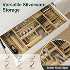 Bamboo Silverware Drawer Organizer, 17.72-29.53 Inch Expandable Large Kitchen Drawer Organizer, 5-8 Slot Flatware with Removable Card Slots & Knife Block for Spoon Butter Knive, Natural - Image 3