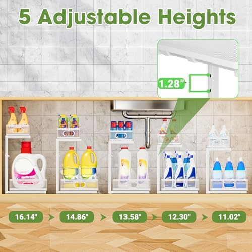 Under Sink Organizer 2-Pack, Metal 2-Tier Pull-Out Cabinet Shelf with Slide-Out Mesh Drawers, Height Adjustable, Space-Saving Under Sink Storage Racks for Kitchen, Bathroom, Laundry Room, White - Image 5
