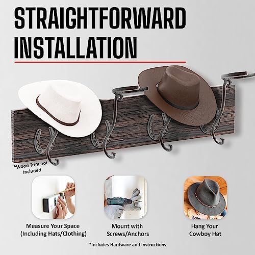 Cowboy Hat Rack - Set of 2 Decorative Wall-Mounted Holder - Heavy-Duty Iron Hanger and Organizer DIY Kit for Hats, Coats and Keys - Rustic Western Horseshoe Hooks for Storage and Display - Image 4