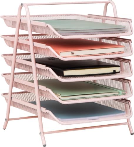 Mind Reader 5-Tier Paper Tray Organizer, Vertical Desktop File Storage Rack, Office, Metal Mesh, Pink (Pack of 6) by MindReader
