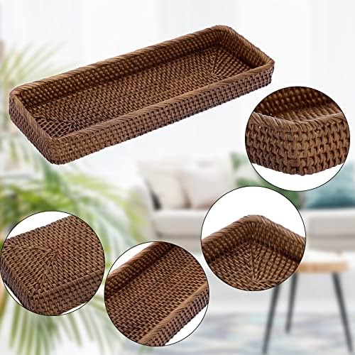 Sumnacon 16 Inch Rattan Bathroom Vanity Tray - Decorative Wicker Toilet Tank Tray for Paper Hand Towel,Vintage Storage Basket Bin for Bathroom Kitchen Toilet Tank Vanity Countertop Table Shelf,Brown - Image 3
