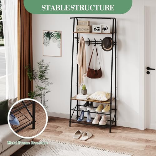 25" Coat Rack Hall Tree with Hooks, 4-Tier Shelf Entryway Storage Hall Tree Freestanding Metal Frame Multifunctional Hallway Organizer, Accent Furniture for Bathroom, Shoe Bench Entryway - Image 6