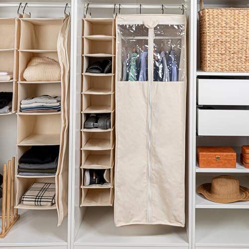 Household Essentials Hanging Shoe Organizer, 10 Wide Cubbies with Cedarline Pockets, Heavy-Duty Cotton Canvas, Removable and Industrial Hooks, Natural - Image 2