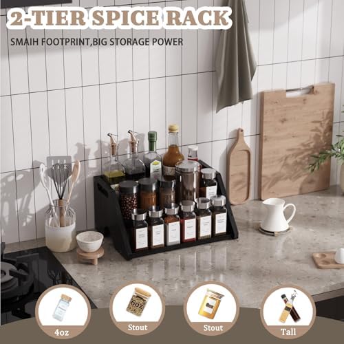 Bamboo Spice Rack Organizer -3-Tier Spice Rack for Countertop,Cabinet Spice Rack Organizer for 18 Spice Jars(4oz)，Step Shelf(black) - Image 5