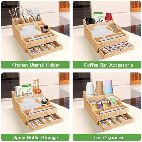 Kitchen Utensil Holder with Drawer, Farmhouse Spatula Organizer for Countertop,Large Capacity Flatware Spoon Forks Knives Cooking Tool Cutlery Holder for Party Picnic BBQ with 11 Compartments (Wood) - Image 6