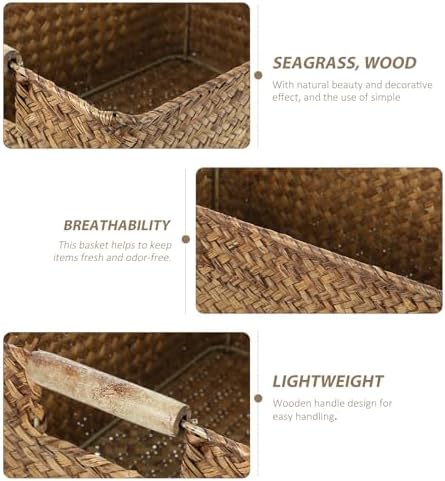 Seagrass Woven Storage Basket with Wood Handles Desktop Organizer - Image 3