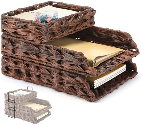 Geelin 3 Pack Water Hyacinth Woven Stackable Letter Paper Tray, Brown by Geelin