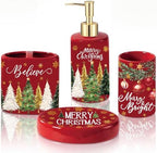 4 Pcs Christmas Ceramic Bathroom Accessories Gifts Xmas Tree Bath Tumbler Soap Dispenser Toothbrush Holder Soap Tray Merry Xmas Bathroom Decorations(Red Merry Christmas) by Unknown