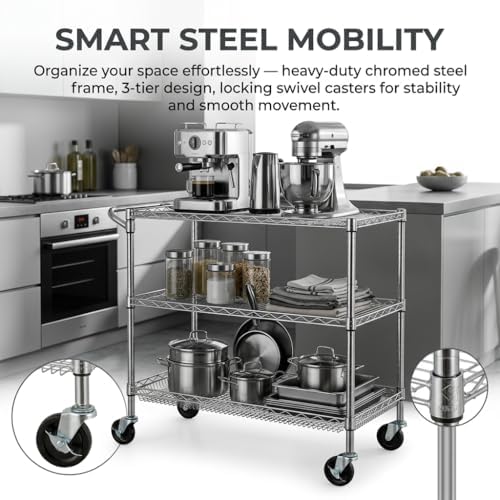 Finnhomy 3 Tier Heavy Duty Commercial Grade Utility Cart, Wire Rolling Cart with Pushing Handle Bar, Steel Metal Kitchen Service Trolly with Wheels, Shelf Size 18" D x 36" W, NSF, Chrome - Image 4