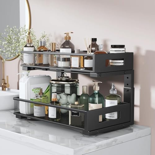 2 Packs 19IN Depth Under Sink Organizer, 2-Tier Pull Out Cabinet Organizer With Smooth Circular Rail, Large Capacity Metal Mesh Sliding Drawers For Bathroom& Kitchen Storage,Height Adjustable –Black - Image 6