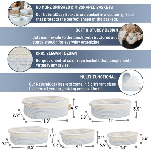 NaturalCozy 5-Piece Rectangle Storage Basket Set- Natural Cotton Rope Woven Baskets for Organizing! Small Basket for Montessori, Baby Nursery, Dog Toy Baskets, Cat Toy Box, Bathroom Organization Bin - Image 2