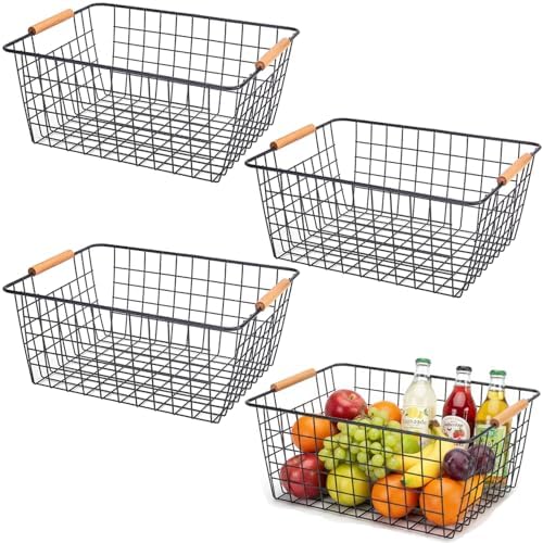 4 Pack Black Large Wire Baskets for Organization Metal Wire Food Storage Basket Organizer with Wooden Handles for Organizing Kitchen Cabinets by HDYOUDO
