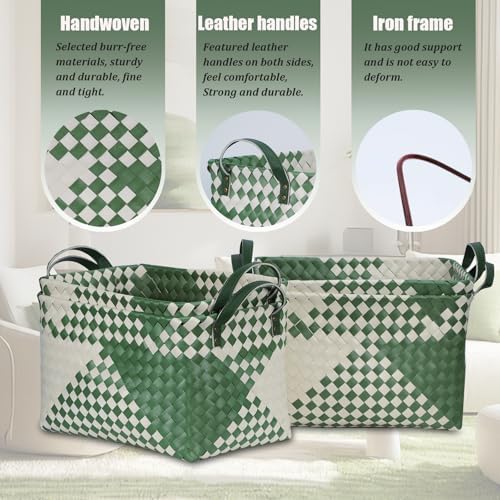 BROWNLILY Handwoven Clothes Basket Laundry Hampers Large Wicker Storage Baskets for Shelves Blankets Closet Storage Bins Car Bedroom Bathroom Organizers and Storage Bath (Pack of 4, Green&White) - Image 2