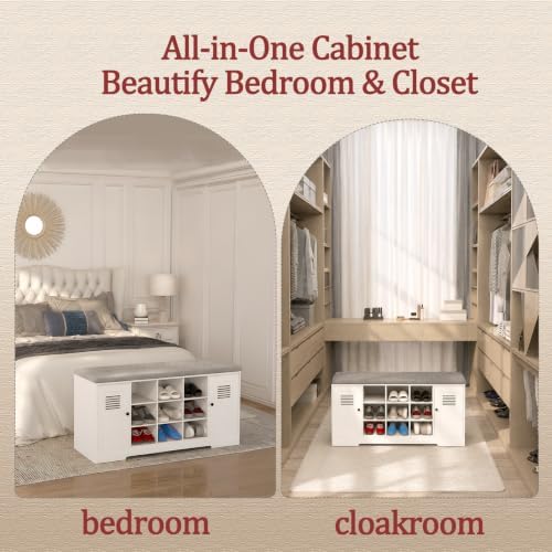 47.2" Shoe Storage Bench with Cushion, 6 Open Cubbies, 2 Cabinet - Image 6
