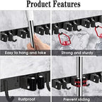 2 Pack Black Broom Holder Wall Mount, 5 Racks 4 Hooks Mop and Broom Holder - Image 2