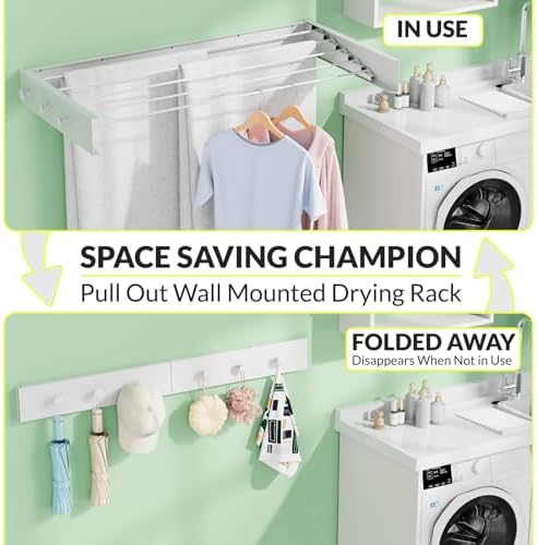 Collapsible Laundry Drying Rack Wall Mounted - 31.5 Inch Metal Clothing Drying Rack with 6 Hooks, Retractable Foldable Dry Racks for Laundry Drying Indoor, Heavy Duty Towel & Coat Hanger - Image 2