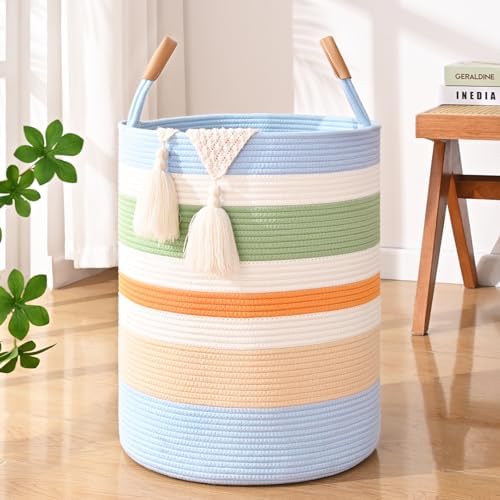 Large Laundry Basket, Laundry Hamper with Leather Handles, 60L Woven Dirty Clothes Hamper, Rope Hampers for Bedroom, Barthroom, Rainbow by Degeyoyo
