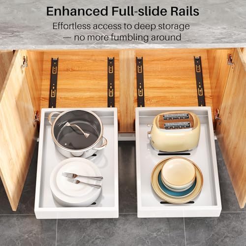 2Pack Pull out Cabinet Organizer, 21"Deep, 20"Wide Full-extension Heavy Duty Slide out Drawers Fixed with Adhesive Nano, Roll Out Shelves Sliding Cabinet for Kitchen,Bathroom,Pantry,Under Sink(White) - Image 4