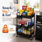 3 Tier Heavy Duty Metal Rolling Storage Cart Organizer with Wheels, Black - Image 3