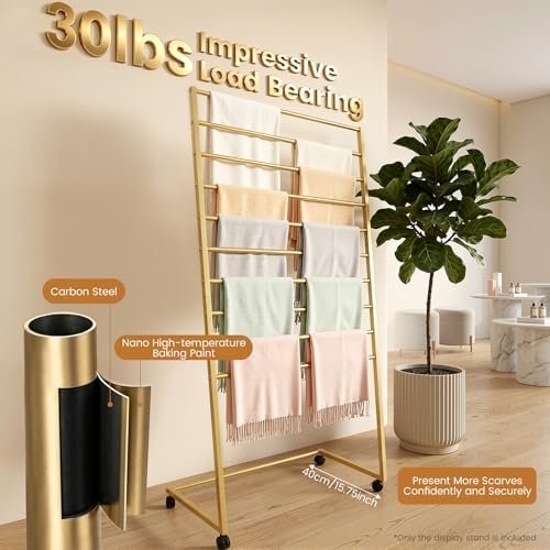 10 Tier Metal Scarf Holder Organizer, Freestanding Hijab Rack w/Wheels - Image 3