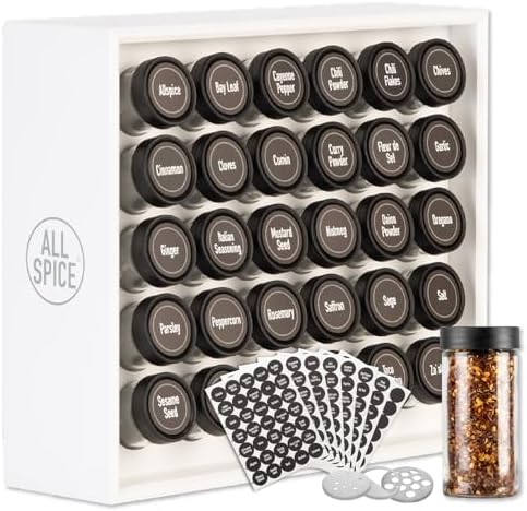 AllSpice Spice Rack Organizer, Wood, 525 Unique Labels, Countertop or Wall Mount, Includes 30 4oz Jars- Matte White by AllSpice