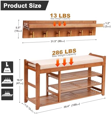 PETKABOO Hall Tree with Bench and Shoe Storage, Coat Rack Shoe Bench Set with Seat Cushion and 6 Hooks for Entryway, Hallway, Living Room and Bedroom - Image 3