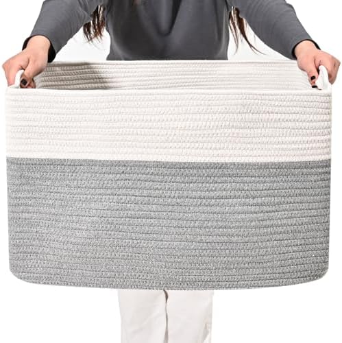 ICERZCZ Large Blanket Basket Living Room, Rectangle Storage Basket, Large Basket for Blankets, Woven Cotton Rope Baskets for Storage Toy Dirty Clothes, 22”x17”x12”, White & Grey, 75L by ICERZCZ