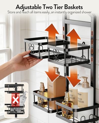 Orimade Adjustable Hanging Shower Caddy for Handheld Shower Heads, Rustproof Bathroom Shelf Organizer Over Showerhead Storage Rack with 8 Hooks, Easy-Clean Removable Baskets & Triple Anti-Slip Fixing - Image 4
