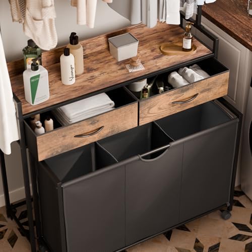 Mondeer 150L Laundry Sorter with Hanging Rack, 3 Compartments, 2 Drawers - Image 4