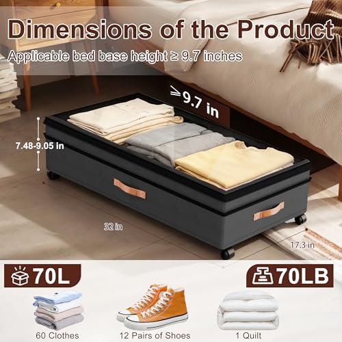 XXL Under Bed Storage with Wheels, 2 Pack 70L Extra Large Rolling Organizer, Heavy-Duty Foldable Storage Container with Lids, Fits 10" Clearance, Black - Image 2