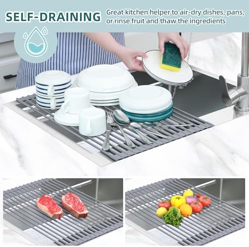 Ohuhu Dish Drying Rack Over The Sink, Roll Up Sink Rack 20.5" W x 13.1" L Rolling Dish Drainer Foldable Accessories Heat-Resistant Mat Anti-Slip Silicone Coated for Kitchen Counter - Image 2