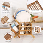 NOVAYEAH Acacia Wooden Dish Drying Rack for Kitchen Counter 2-Tier Collapsible Bmaboo Dish Drying Rack with Utensil Holder-Large Folding Dish Drainer Rack with Flatware Holder 34 pcs Grid - Image 3