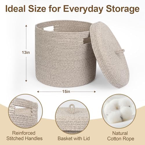 Storage Basket with Lid, Woven Blanket Storage for Living Room, Soft Cotton Rope Bin with Lid, Round Wicker Laundry Basket with Cover, Lidded Kids Dog Toy Bin, Nursery Organizer, 15" x 13" - Image 2